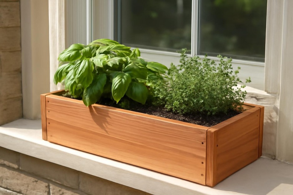 A cedar window herb box with basil and thyme on a sunny sill