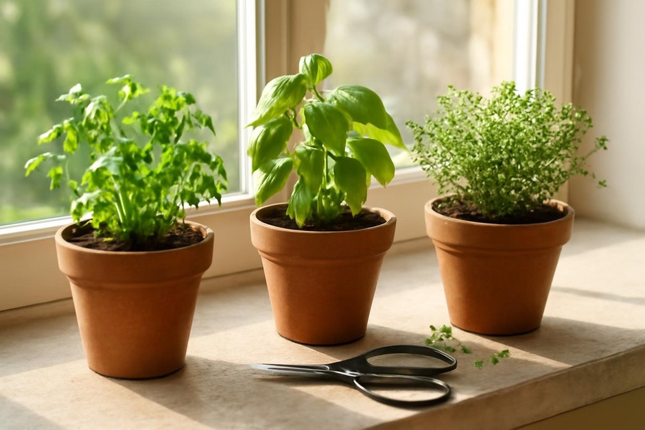 Three small herb pots on a sunny windowsill