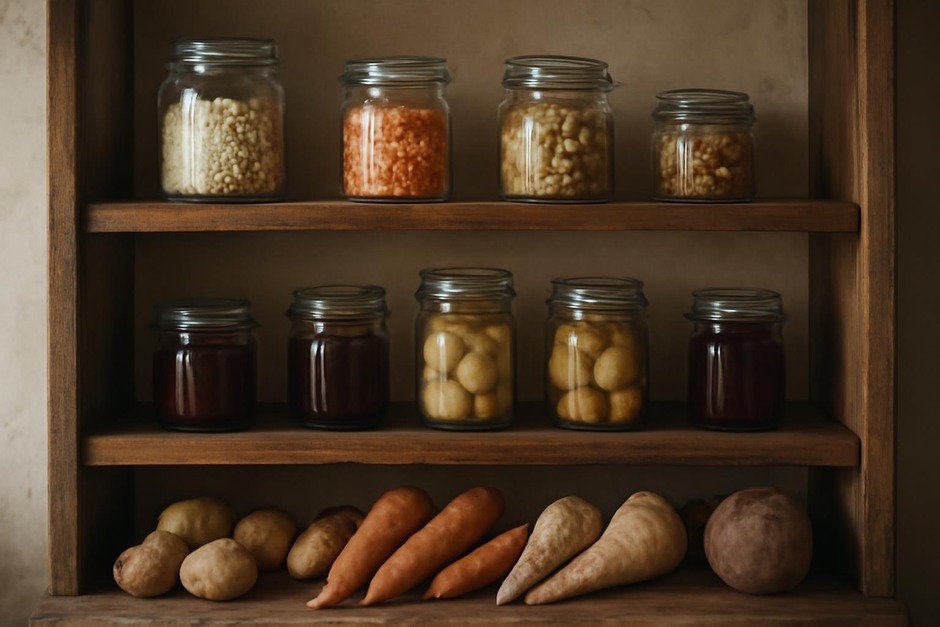 Wooden shelves in a rustic larder with jars and root vegetables