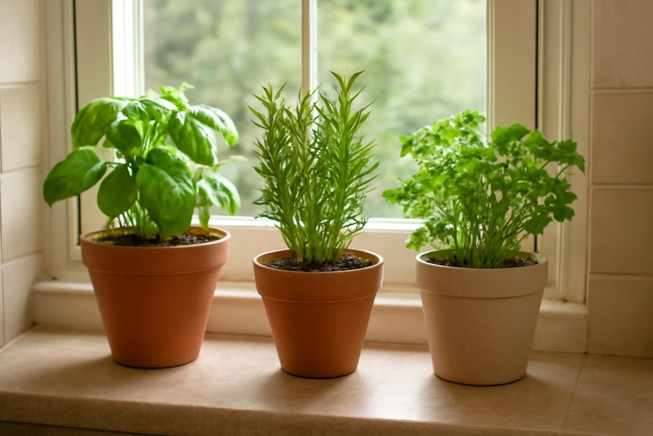 Three small potted herb plants on a sunlit kitchen windowsill