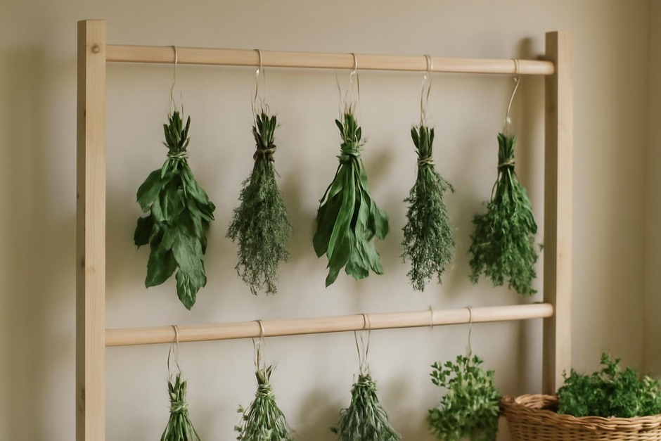 Fresh herbs bundled and hanging from a homemade wooden drying rack