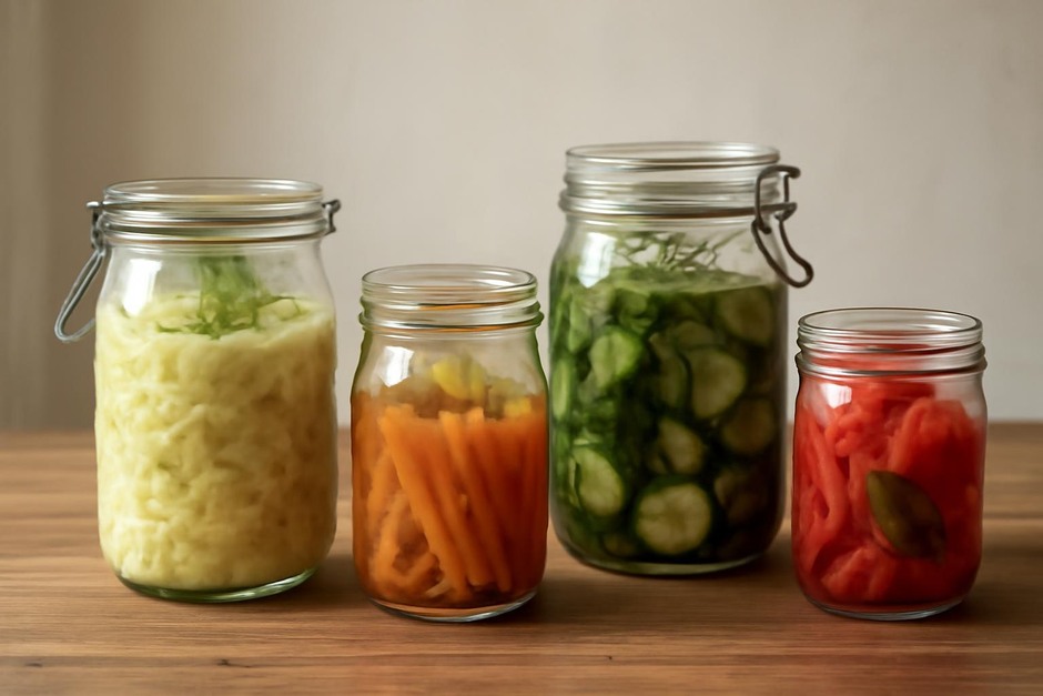 Glass jars with fermenting vegetables and herbs on a wooden table