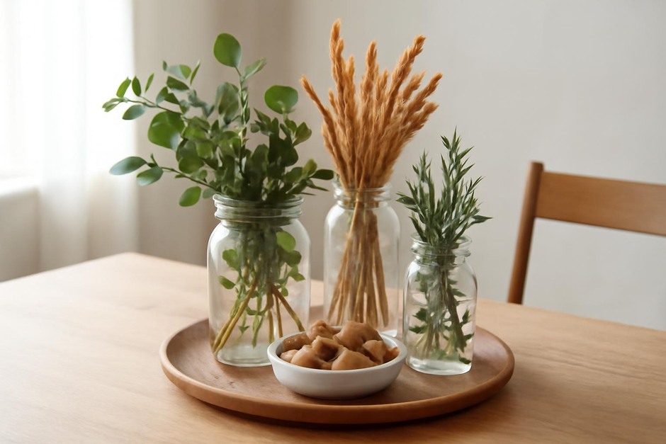A simple table centerpiece of jars, greenery, and dried accents