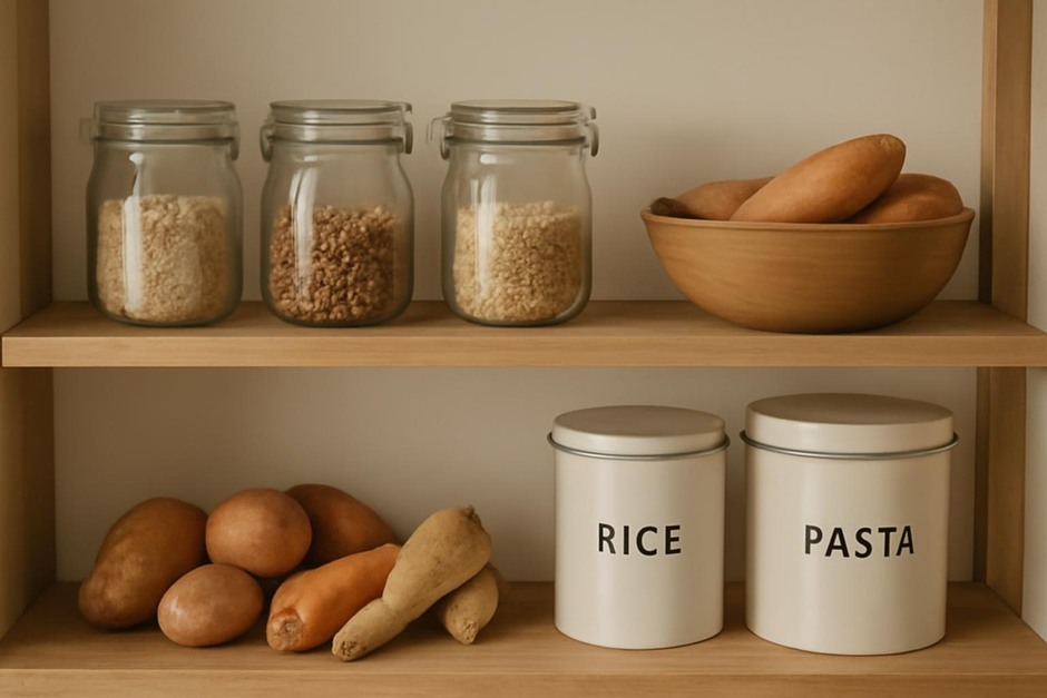 A wooden shelf with jars, root vegetables, and labelled tins in natural light