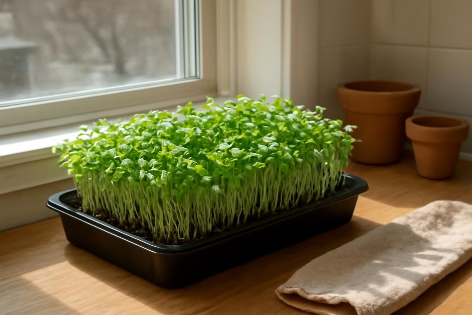 Tray of green microgreens on a sunny kitchen windowsill
