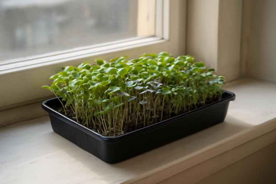 Tray of mixed microgreens on a sunny windowsill